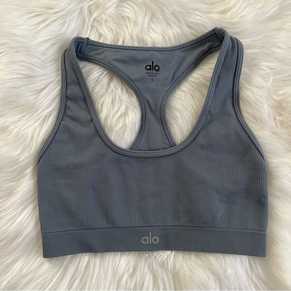 Alo Seamless Ribbed Bra in Steel Blue (size Small)
